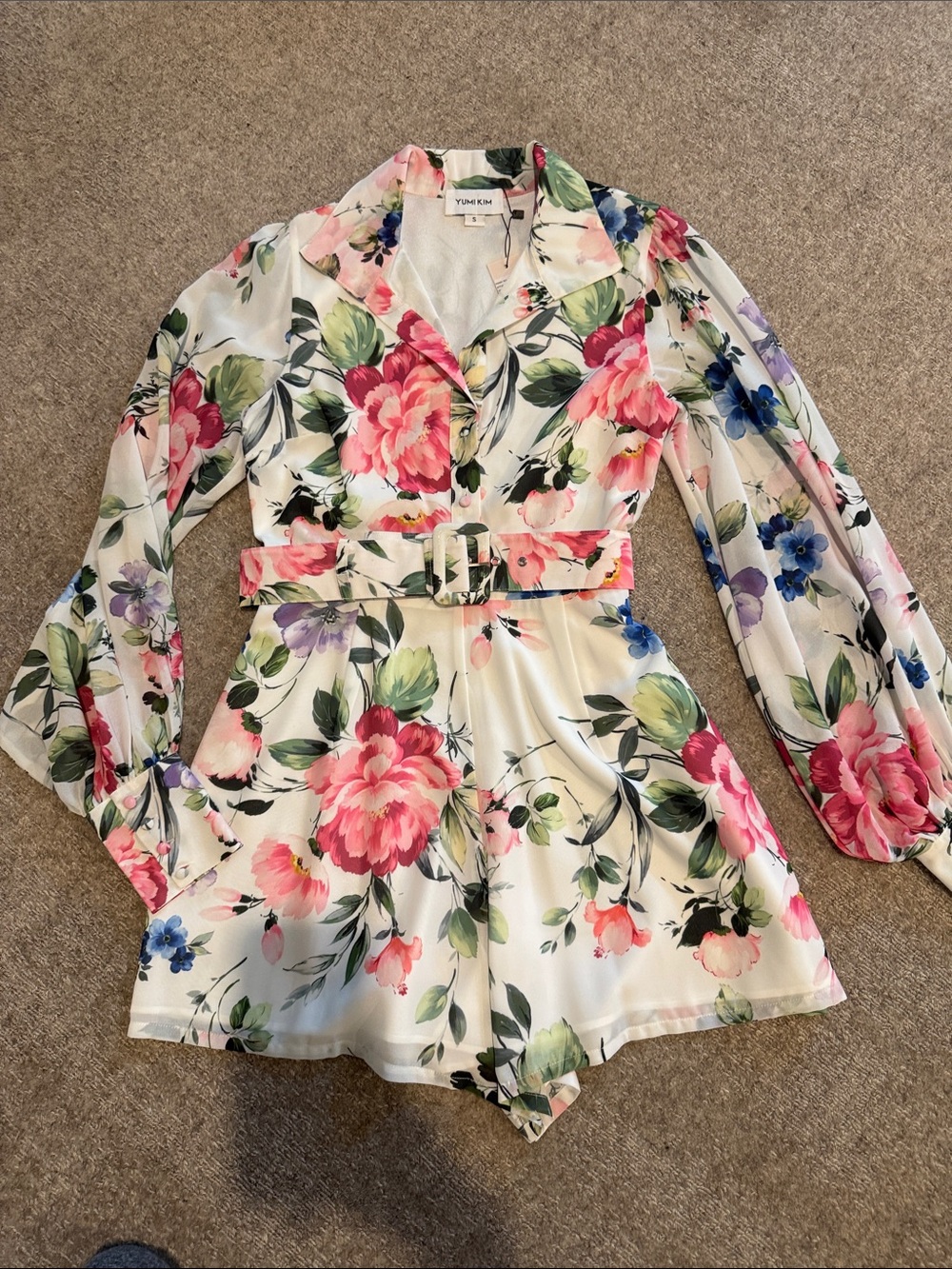 NWT Yumi Kim Cream Floral Long-Sleeve Belted Romper SZ: Small